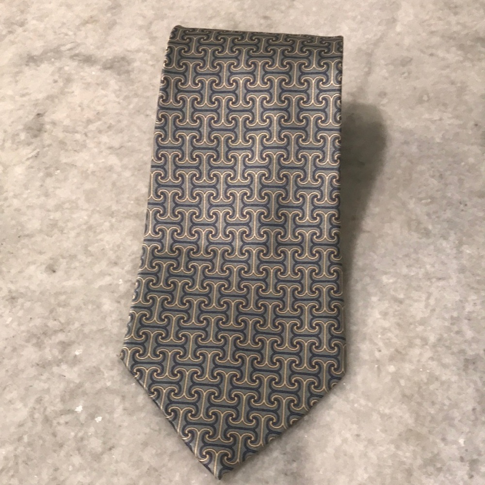 Roundtree‎ & Yorke Silk Tie Mens Blue Silver Geometric Designer Necktie Lux USA